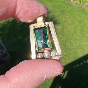 Natural Deep Green Tourmaline Pendant Solid 14k Yellow Gold